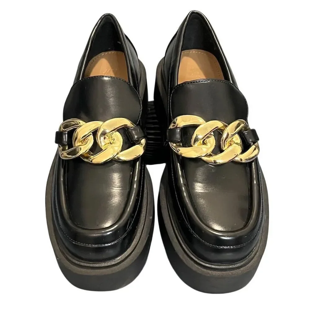 H&M Women's Black Faux Leather Platform Loafers 9 Chunky Gold Chain Gothic Party